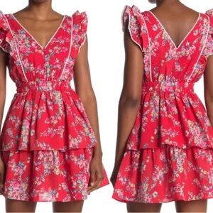 Betsey Johnson Vintage Red Floral Bush Gardens Seersucker Mini Dress Size S/M